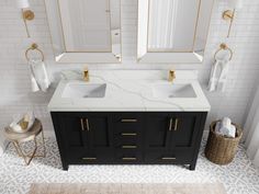 a bathroom with two sinks, mirrors and towels on the counter top next to a rug