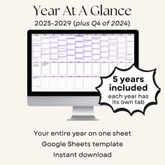 2025-2029 Year at a Glance productivity planner for Google Sheets Our 5-year, 2025-2029 Year-At-A-Glance productivity planner will help revolutionize the way you plan, organize, and conquer your goals. Stay on top of your 5-year plan with this annual calendar that includes Q4 for 2024 to ensure you don't miss anything. Key features Comprehensive Annual Overview: Gain a holistic view of your entire year on a single Google Sheets spreadsheet. Each year has its own tab. Dynamic and User-Friendly: Access your planner anytime, anywhere, with seamless integration into Google Sheets. Notes & Tasks: Included at the bottom of each sheet is an area to track important tasks and notes for each month. How it works Purchase Download PDF with link to spreadsheet Start planning! Access your 5-year 2025-20 Google Sheets Assignment Tracker College, 2024 Year At A Glance, Year At A Glance Calendar, At A Glance Planner, Academic Calendar 2024-2025, 5 Year Plan, Annual Calendar, Productivity Tools, Google Calendar