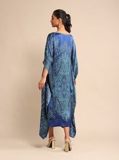 Royal blue, turquoise kaftan with all over mandana, jamawar prints with aari light embroidery work. - Aza Fashions Blue Maxi Length Kaftan With Dabka, Blue Bollywood Kaftan For Navratri, Blue Bohemian Kurta For Transitional Season, Unstitched Blue Kaftan For Eid, Blue Kaftan For Eid With Traditional Drape, Blue Traditional Drape Kaftan For Eid, Traditional Blue Kaftan For Navratri, Blue Dress With Chikankari Embroidery For Transitional Season, Blue Dabka Kaftan Maxi Length