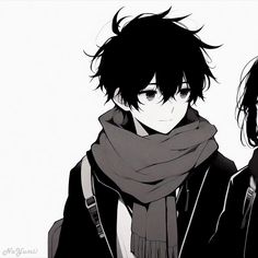 two anime guys with black hair and scarfs