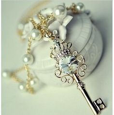 Beautiful Rhinestone Crown Key with pearl 2 piece necklace.  Necklace measures 26"  Pendant is 2-3/4" Key Pendant Necklace, Key Jewelry, Pretty Pendant, Key To My Heart, Key Necklace, A Necklace, Lovely Necklace, Key Pendant, Fantasy Jewelry