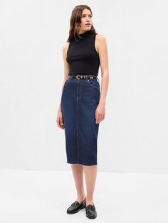 Denim Pencil Midi Skirt with Washwell | Gap Dark Denim Skirt, Pencil Midi Skirt, Fall Trends Outfits, High Rise Skirt, Midi Denim, Denim Pencil Skirt, Runway Trends, Dark Indigo, Midi Skirt Pencil