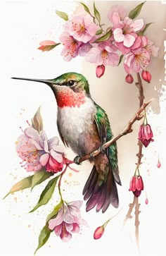 a painting of a hummingbird perched on a branch with pink flowers