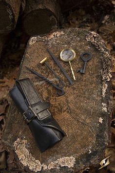 an assortment of tools sitting on top of a tree stump