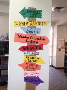 a sign with many different colored arrows on it in an office building lobby that says wonderland