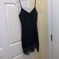 Bnwt Spaghetti Strap Black Dress And Lace Trim At The Bottom. Size Small. Black Lace Dress With Spaghetti Straps And Lace Trim, Black Spaghetti Strap Dress With Lace Closure, Spaghetti Strap Black Dress, Black Nightgown With Lace Trim And Spaghetti Straps, Black Cami Sleepwear With Lace Trim, Black V-neck Slip Dress With Lace Trim, Dresses Windsor, Black Spaghetti Strap Dress, Black Lace Trim