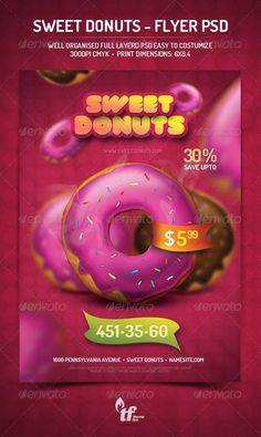 a flyer for sweet donuts with pink frosting and sprinkles on it