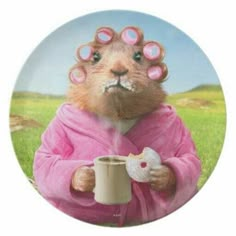 a painting of a hamster holding a coffee cup