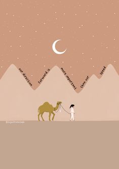 an illustration of a man leading a camel across a desert with mountains in the background