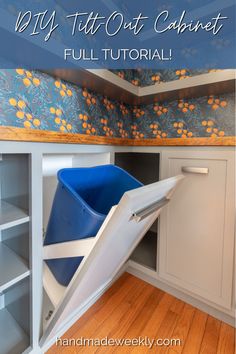 a blue trash can sitting in the corner of a room with white cabinets and shelves