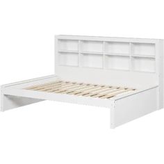 a white bed frame with bookshelves and drawers