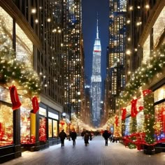 people walk down a street decorated with christmas lights and holiday decorations in new york city