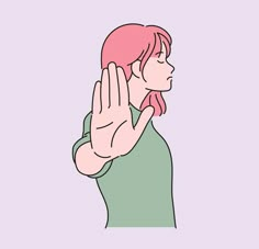 a woman with pink hair is holding her hand up