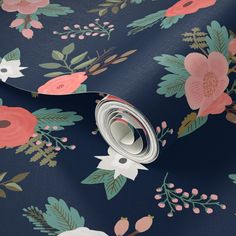 Spoon Flower Navy Floral Bouquets Coral Spring Nursery Pink Traditional Wallpaper Coral Navy Wallpaper, Blue And Pink Bedroom, Spring Nursery, Wallpaper In Blue, Coral Wallpaper, Nursery Pink, Pink Office, Cozy Home Office, Flowers Painted