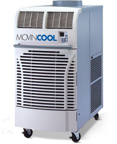 a small air conditioner sitting on top of a white surface with the words movin cool written on it