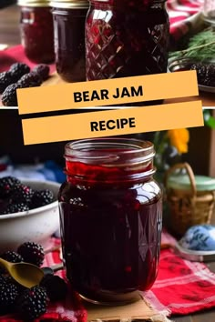 jars filled with jam sitting on top of a table