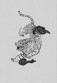 a black and white drawing of a tiger riding a skateboard