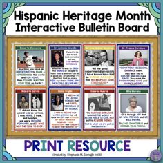 Are you looking for a resource that will introduce your students to influential Hispanic and Latinx individuals during Hispanic Heritage Month? Look no further than this Interactive Bulletin Board Kit that includes 30 eye-catching posters that contain background information and thought-provoking quo... Spanish Heritage Month, Hispanic Heritage Month Activities, Interactive Bulletin Board, Spanish Heritage, Making Connections, Bilingual Education, Background Information, Heritage Month