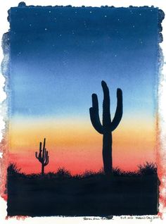 a painting of a cactus at sunset