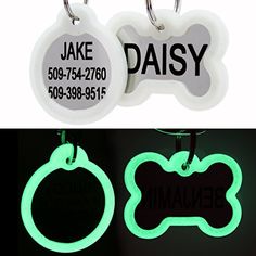 glow in the dark dog id tags are shown with their name engraved on one side