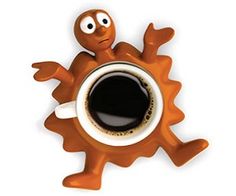 an orange coffee cup holder with eyes and arms