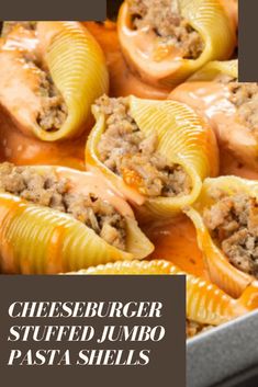 cheeseburger stuffed limbo pasta shells in a baking pan with text overlay