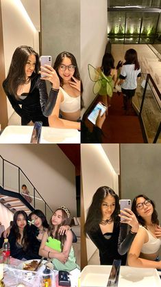 three photos of women taking selfies at a party