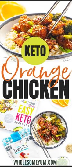 an orange chicken recipe with chopsticks in it and the title overlay reads keto orange chicken