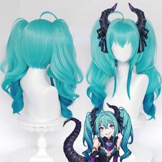 Hatsune Miku Costume, Double Ponytail, Y2k Aesthetic Fashion, Anime Wigs, Blue Wig, Cosplay Hair, Curly Ponytail