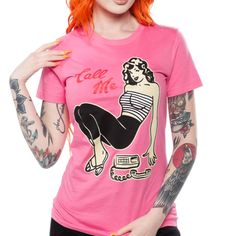 Brand New With Tags! Pink "Call Me" Tee By Steady Clothing. Features A Cute Pinup Gal With A Phone. Super Stretchy, Great Length And Comfy! 100% Preshrunk Cotton. S - 34" Bust L - 38" Bust Xl - 40" Bust 2x - 44" Bust Cat Friendly, Non Smoking Home. Call Me Anytime, Blue And Pink Hair, Sourpuss Clothing, Bright Dress, Modern Pinup, Retro Graphic Tees, High Waist Skirt, Pink Tee, Pin Up Style