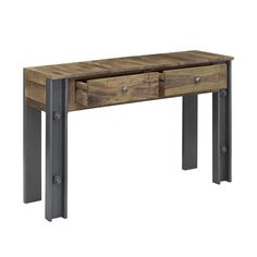 a wooden table with two drawers on one side and metal legs at the other end