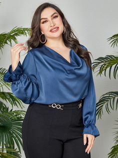 Azul elegante Collar Manga Comprida Tecido Simples Top Embellished Não elástico  Roupas Femininas Plus Violet Plain, Wrap Top Outfit, Dressy Fashion Outfits, Draped Collar, Woman Suit Fashion, Plain Tops, Flounce Sleeve, Modest Fashion Outfits, Hot Outfits