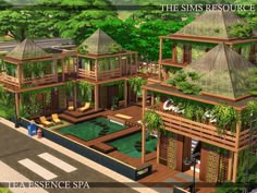 an animated rendering of a tropical house in the middle of trees and grass covered roofs