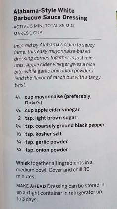 an open book with instructions on how to make banana style white barbecue sauce dressing