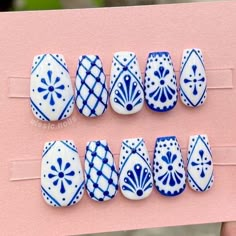 Folk Art Nail Design, Talavera Nail Art Simple, Folk Nails Art, Mexican Embroidery Nail Art, Talavera Nails Nailart, Blue Talavera Nails, Blue And White Tile Nails, Embroidery Nail Art, Tile Nail Design