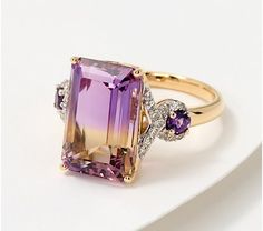 Vault Discoveries Ametrine & Diamond Ring, 14K - QVC.com Classic Luxury Multi-stone Amethyst Ring, Luxury Multi-stone Amethyst Ring For Formal Occasions, Elegant Amethyst Multi-stone Crystal Ring, Gold Amethyst Ring, Fine Jewelry Collectible, Ametrine Jewelry, Ametrine Ring, Tourmaline Ring, Yellow Gold Ring, Gems Jewelry