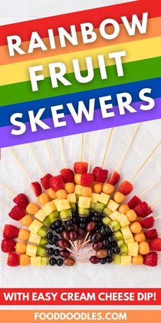 rainbow fruit skewers with easy cream cheese dip for kids to make and eat