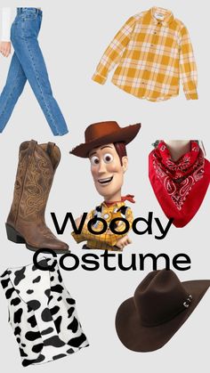 several different types of clothes and hats with the words woody costume on them