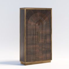 a tall wooden cabinet sitting on top of a white floor