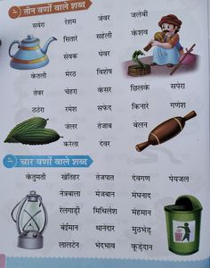 a poster with pictures of different things in english and hindi text on the outside of it