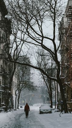 a man walking down a snow covered street next to tall buildings with trees on both sides