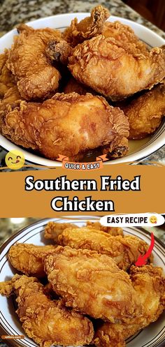 fried chicken on a plate with the words southern fried chicken easy recipe written below it