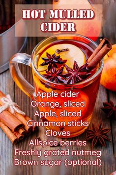 hot mulled cider recipe in a mug with cinnamon sticks and star anise