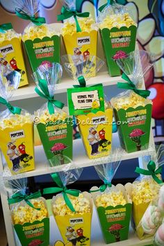 several bags of popcorn are on display