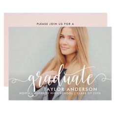 a graduation announcement card with the words graduate in white lettering on it and a photo of a