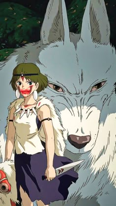 an anime character standing in front of a wolf