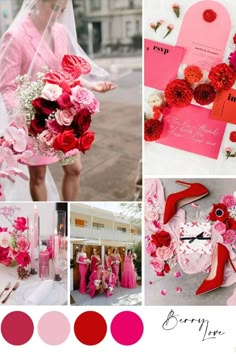 pink and red wedding color palettes for the bride's bouquet, bridal gown