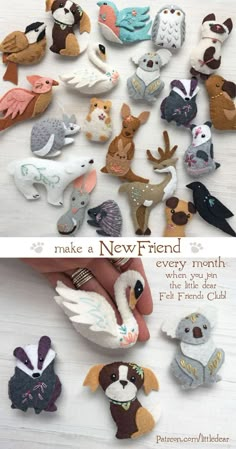 there are many small stuffed animals on the white table with words make a new friend every month