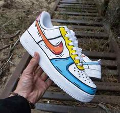 ad eBay - Nike Air Force 1 Custom Painted White Shoes Blue Yellow Red Orange Pink Cartoon - Buy Now, click the link (eBay) Cartoon Air Force 1, Sneaker Diy, Painting Shoes, Custom Painted Shoes, Custom Shoes Diy, Shoes Aesthetic, Nike Shoes Air Force, Basket Style, Custom Nike Shoes