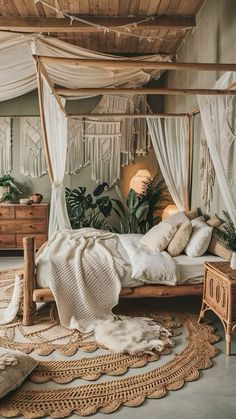 a bed with white sheets and pillows on top of it next to a wooden dresser